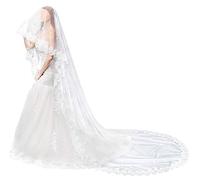 TINTON LIFE® Wedding Bridal Veil Cathedral Lace Edge Womem's Long Appliques Veil 2 Tier, Light Ivory, Light Ivory(2meters), Large