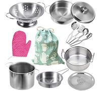 Tiny 12PCS Kids Kitchen Accessories Set Pretend Play Food Cooking Utensils Cookware Kitchen Toys.Mini Stainless Steel Cookware Play Pots and Pans Set Packed in Cotton Bag for Toddlers (Small Size)