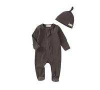 Tiny Alpaca 100% Organic Baby Ribbed Sleepsuits With Matching Hat (0-3 Months, Charcoal)