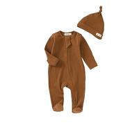 Tiny Alpaca 100% Organic Baby Ribbed Sleepsuits With Matching Hat (0-3 Months, Clay)