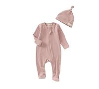 Tiny Alpaca 100% Organic Baby Ribbed Sleepsuits With Matching Hat (3-6 Months, Blush)