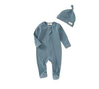 Tiny Alpaca 100% Organic Baby Ribbed Sleepsuits With Matching Hat (3-6 Months, Ocean)