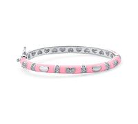 Tiny Bangle Bracelet For Women Pink Enamel CZ Cubic Zirconia Pave Hearts Silver Plated Brass For Small Wrists 6 Inches