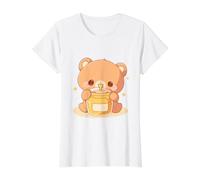 Tiny Bear Eating from a Honey Jar Chibi Kawaii Funny Art Value Graphic T-Shirt, Women, White, M