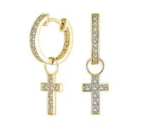 Tiny Cross Communion Kpop Huggie Dangle CZ Hoop Earrings Pave Cubic Zirconia Removable Interchangeable Charms 2 In 1 Earring Set Gold Plated