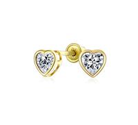 Tiny Delicate Cubic Zirconia Bezel Set Heart AAA CZ Stud Earrings For Women Real Yellow Gold Screw back