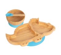Tiny Dining 3Pc Bamboo Suction Feeding Set - Dinosaur/blue - Divided Non-Slip Bamboo Baby Self-Feeding Dining Weaning Set