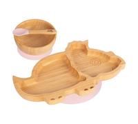 Tiny Dining 3Pc Bamboo Suction Feeding Set - Dinosaur/pastel Pink - Divided Non-Slip Bamboo Baby Self-Feeding Dining Weaning Set