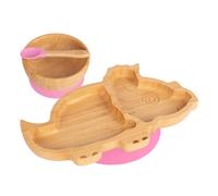 Tiny Dining 3Pc Bamboo Suction Feeding Set - Dinosaur/pink - Divided Non-Slip Bamboo Baby Self-Feeding Dining Weaning Set