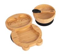 Tiny Dining 3Pc Bamboo Suction Feeding Set - Penguin/black - Divided Non-Slip Bamboo Baby Self-Feeding Dining Weaning Set