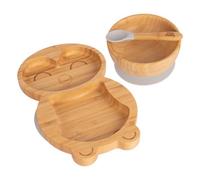 Tiny Dining 3Pc Bamboo Suction Feeding Set - Penguin/grey - Divided Non-Slip Bamboo Baby Self-Feeding Dining Weaning Set