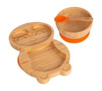 Tiny Dining 3Pc Bamboo Suction Feeding Set - Penguin/orange - Divided Non-Slip Bamboo Baby Self-Feeding Dining Weaning Set