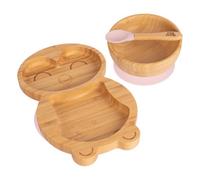 Tiny Dining 3Pc Bamboo Suction Feeding Set - Penguin/pastel Pink - Divided Non-Slip Bamboo Baby Self-Feeding Dining Weaning Set