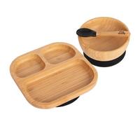 Tiny Dining 3Pc Bamboo Suction Feeding Set - Segmented/black - Divided Non-Slip Bamboo Baby Self-Feeding Dining Weaning Set