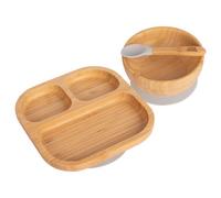 Tiny Dining 3Pc Bamboo Suction Feeding Set - Segmented/grey - Divided Non-Slip Bamboo Baby Self-Feeding Dining Weaning Set