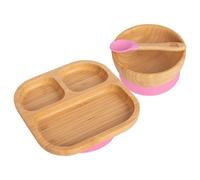 Tiny Dining 3Pc Bamboo Suction Feeding Set - Segmented/pink - Divided Non-Slip Bamboo Baby Self-Feeding Dining Weaning Set