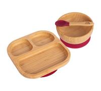 Tiny Dining 3Pc Bamboo Suction Feeding Set - Segmented/red - Divided Non-Slip Bamboo Baby Self-Feeding Dining Weaning Set