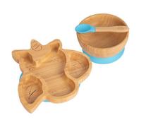 Tiny Dining 3Pc Bamboo Suction Feeding Set - Unicorn/blue - Divided Non-Slip Bamboo Baby Self-Feeding Dining Weaning Set