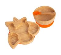 Tiny Dining 3Pc Bamboo Suction Feeding Set - Unicorn/orange - Divided Non-Slip Bamboo Baby Self-Feeding Dining Weaning Set