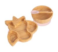 Tiny Dining 3Pc Bamboo Suction Feeding Set - Unicorn/pastel Pink - Divided Non-Slip Bamboo Baby Self-Feeding Dining Weaning Set