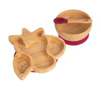 Tiny Dining 3Pc Bamboo Suction Feeding Set - Unicorn/red - Divided Non-Slip Bamboo Baby Self-Feeding Dining Weaning Set