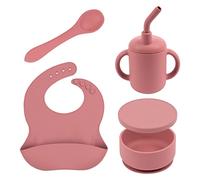 Tiny Dining 4pc Baby Weaning Set - Dusty Rose - Silicone Toddler Feeding Set with Baby Bib, Sippy Cup, Bowl with Lid and Weaning Spoon
