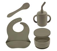 Tiny Dining 4pc Baby Weaning Set - Silver Sage - Silicone Toddler Feeding Set with Baby Bib, Sippy Cup, Bowl with Lid and Weaning Spoon