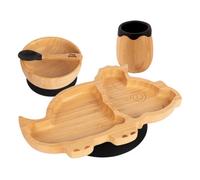Tiny Dining 4Pc Bamboo Suction Feeding Set - Dinosaur/black - Divided Non-Slip Bamboo Baby Self-Feeding Dining Weaning Set
