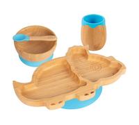 Tiny Dining 4Pc Bamboo Suction Feeding Set - Dinosaur/blue - Divided Non-Slip Bamboo Baby Self-Feeding Dining Weaning Set