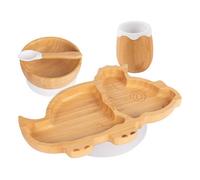 Tiny Dining 4Pc Bamboo Suction Feeding Set - Dinosaur/white - Divided Non-Slip Bamboo Baby Self-Feeding Dining Weaning Set
