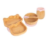 Tiny Dining 4Pc Bamboo Suction Feeding Set - Llama/pastel Pink - Divided Non-Slip Bamboo Baby Self-Feeding Dining Weaning Set