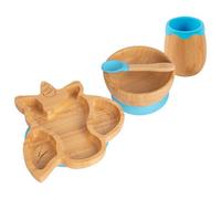 Tiny Dining 4Pc Bamboo Suction Feeding Set - Unicorn/blue - Divided Non-Slip Bamboo Baby Self-Feeding Dining Weaning Set