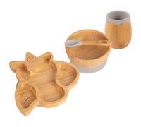 Tiny Dining 4Pc Bamboo Suction Feeding Set - Unicorn/grey - Divided Non-Slip Bamboo Baby Self-Feeding Dining Weaning Set