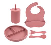 Tiny Dining 4Pc Silicone Suction Weaning Set - Dusty Rose - Silicone Baby Toddler Feeding Set With Bib, Cup, Plate & Cutlery