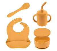 Tiny Dining 4Pc Silicone Suction Weaning Set - Ochre - Silicone Baby Toddler Feeding Set With Bib, Cup, Bowl & Cutlery