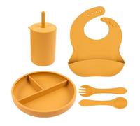 Tiny Dining 4Pc Silicone Suction Weaning Set - Ochre - Silicone Baby Toddler Feeding Set With Bib, Cup, Plate & Cutlery