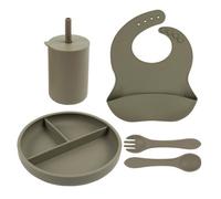 Tiny Dining 4Pc Silicone Suction Weaning Set - Silver Sage - Silicone Baby Toddler Feeding Set With Bib, Cup, Plate & Cutlery