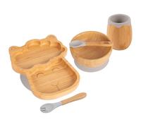 Tiny Dining 5Pc Bamboo Suction Feeding Set - Llama/grey - Divided Non-Slip Bamboo Baby Self-Feeding Dining Weaning Set