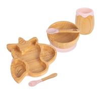 Tiny Dining 5Pc Bamboo Suction Feeding Set - Unicorn/pastel Pink - Divided Non-Slip Bamboo Baby Self-Feeding Dining Weaning Set