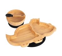 Tiny Dining Baby Dinner Set - Dinosaur - Black - 3pc - Divided Non-Slip Bamboo Self-Feeding Weaning Plate, Bowl & Spoon for Babies, Toddlers, Children