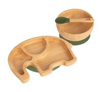 Tiny Dining Baby Dinner Set - Elephant - Olive Green - 3pc - Divided Non-Slip Bamboo Self-Feeding Baby Weaning Plate, Bowl & Spoon for Babies, Toddlers, Children
