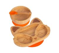 Tiny Dining Baby Dinner Set - Fox - Orange - 3pc - Divided Non-Slip Bamboo Self-Feeding Weaning Plate, Bowl & Spoon for Babies, Toddlers, Children