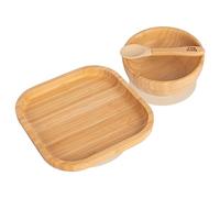 Tiny Dining Baby Dinner Set - Square - Beige - 3pc - Divided Non-Slip Bamboo Self-Feeding Weaning Plate, Bowl & Spoon for Babies, Toddlers, Children