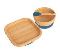 Tiny Dining Baby Dinner Set - Square - Navy Blue - 3pc - Divided Non-Slip Bamboo Self-Feeding Weaning Plate, Bowl & Spoon for Babies, Toddlers, Children