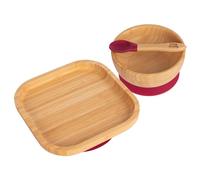 Tiny Dining Baby Dinner Set - Square - Red - 3pc - Divided Non-Slip Bamboo Self-Feeding Weaning Plate, Bowl & Spoon for Babies, Toddlers, Children