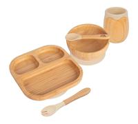 Tiny Dining Baby Feeding Set - Beige - 5pc - Segmented - Divided Non-Slip Bamboo Self-Feeding Weaning Plate, Bowl, Cup, Spoon & Fork for Babies, Toddlers & Children