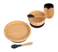 Tiny Dining Baby Feeding Set - Black - 5pc - Round - Divided Non-Slip Bamboo Self-Feeding Weaning Plate, Bowl, Cup, Spoon & Fork for Babies, Toddlers & Children