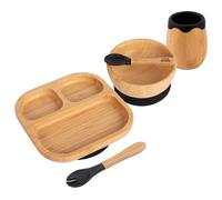 Tiny Dining Baby Feeding Set - Black - 5pc - Segmented - Divided Non-Slip Bamboo Self-Feeding Weaning Plate, Bowl, Cup, Spoon & Fork for Babies, Toddlers & Children