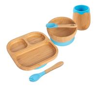 Tiny Dining Baby Feeding Set - Blue - 5pc - Segmented - Divided Non-Slip Bamboo Self-Feeding Weaning Plate, Bowl, Cup, Spoon & Fork for Babies, Toddlers & Children
