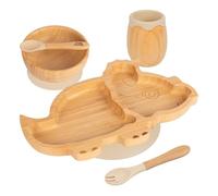 Tiny Dining Baby Feeding Set - Dinosaur - Beige - 5pc - Divided Non-Slip Bamboo Self-Feeding Baby Weaning Plate, Bowl, Drinking Cup, Fork & Spoon for Babies, Toddlers, Children